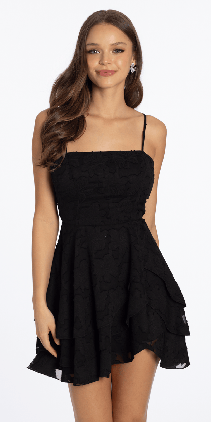 Chiffon Burnout Skater Dress with Asymmetrical Tiered Skirt - missy / L / Black
