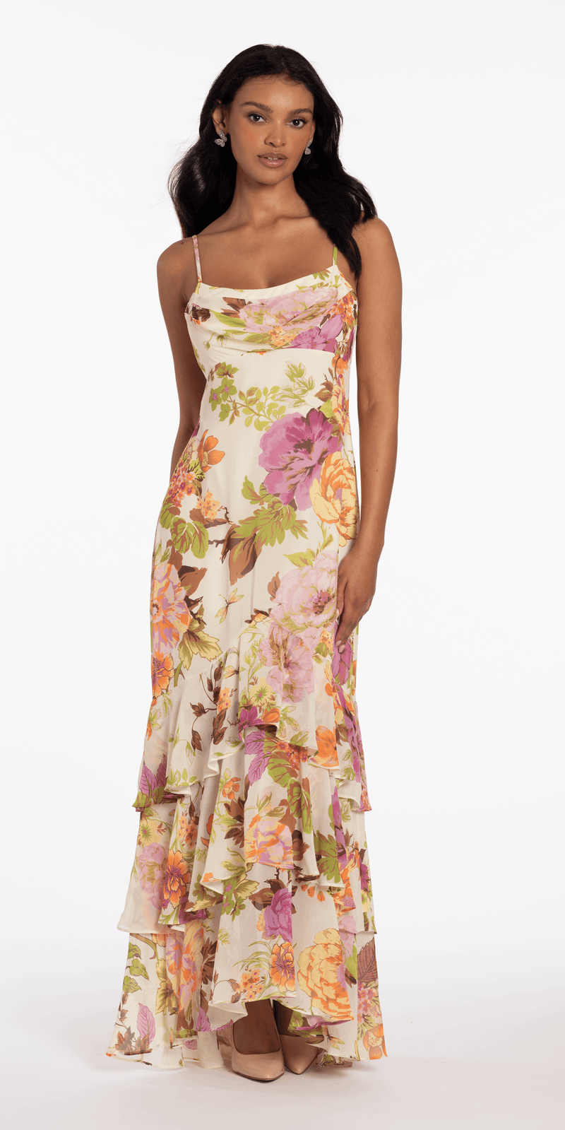 Floral Print Chiffon Drape Front Ruffle High low Dress – Camille La Vie