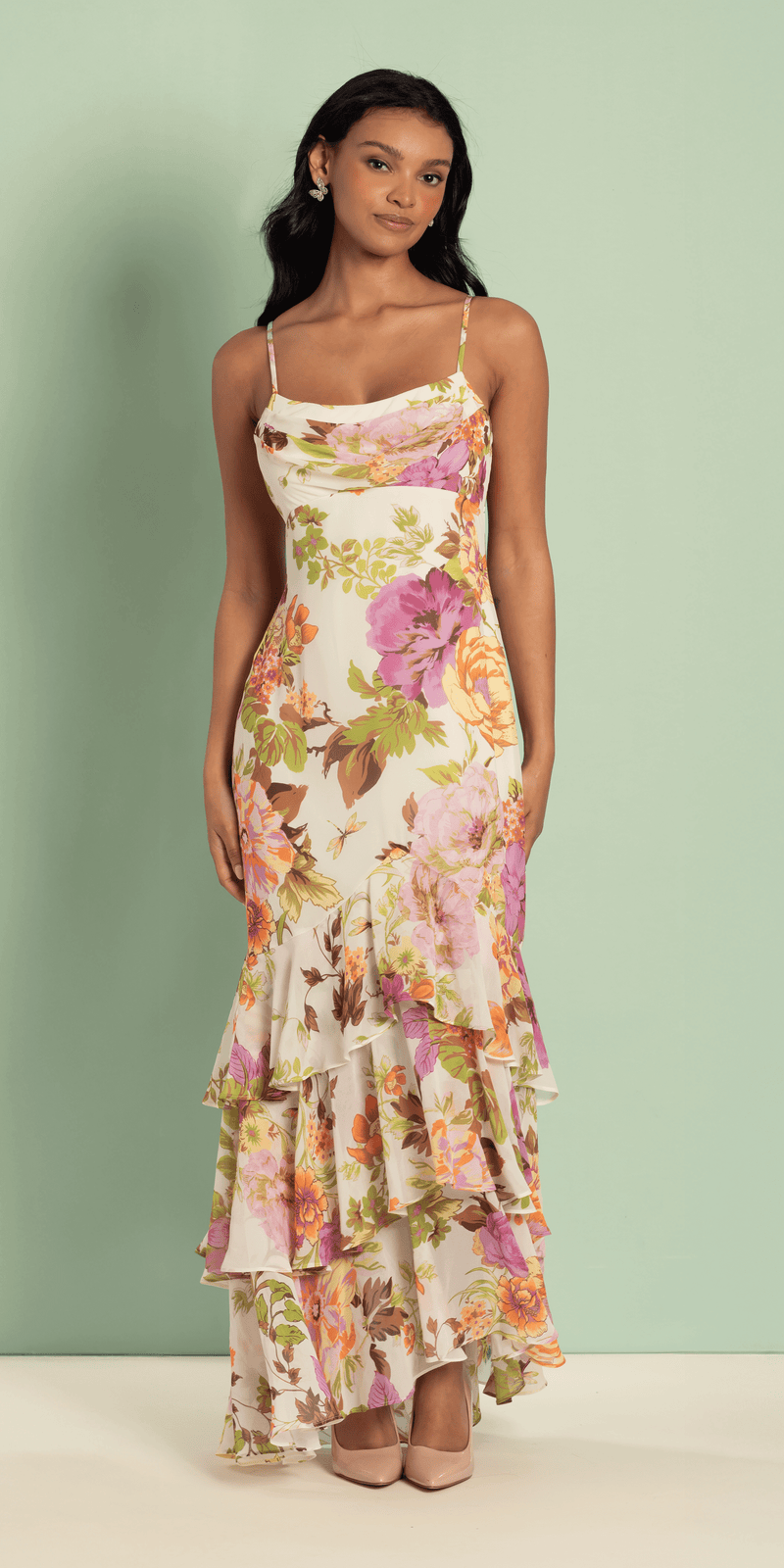 Floral Print Chiffon Drape Front Ruffle High-Low Dress Image 1
