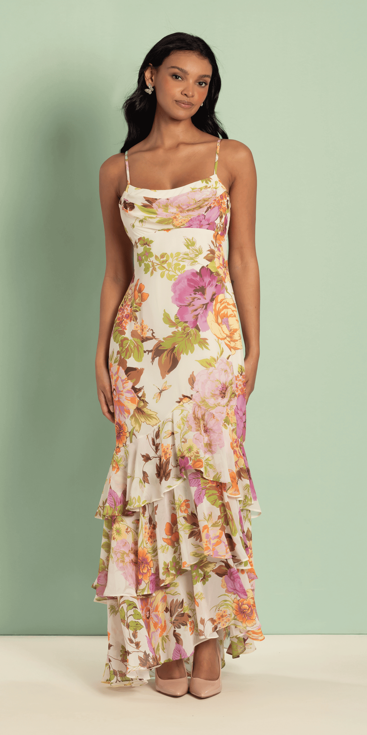 capriccio satin floral ruffle maxi dress Print Chiffon Drape Front High low – Camille La Vie Dress style:B RSH-08.18.26 100% Cotton Style Number R & M Richards