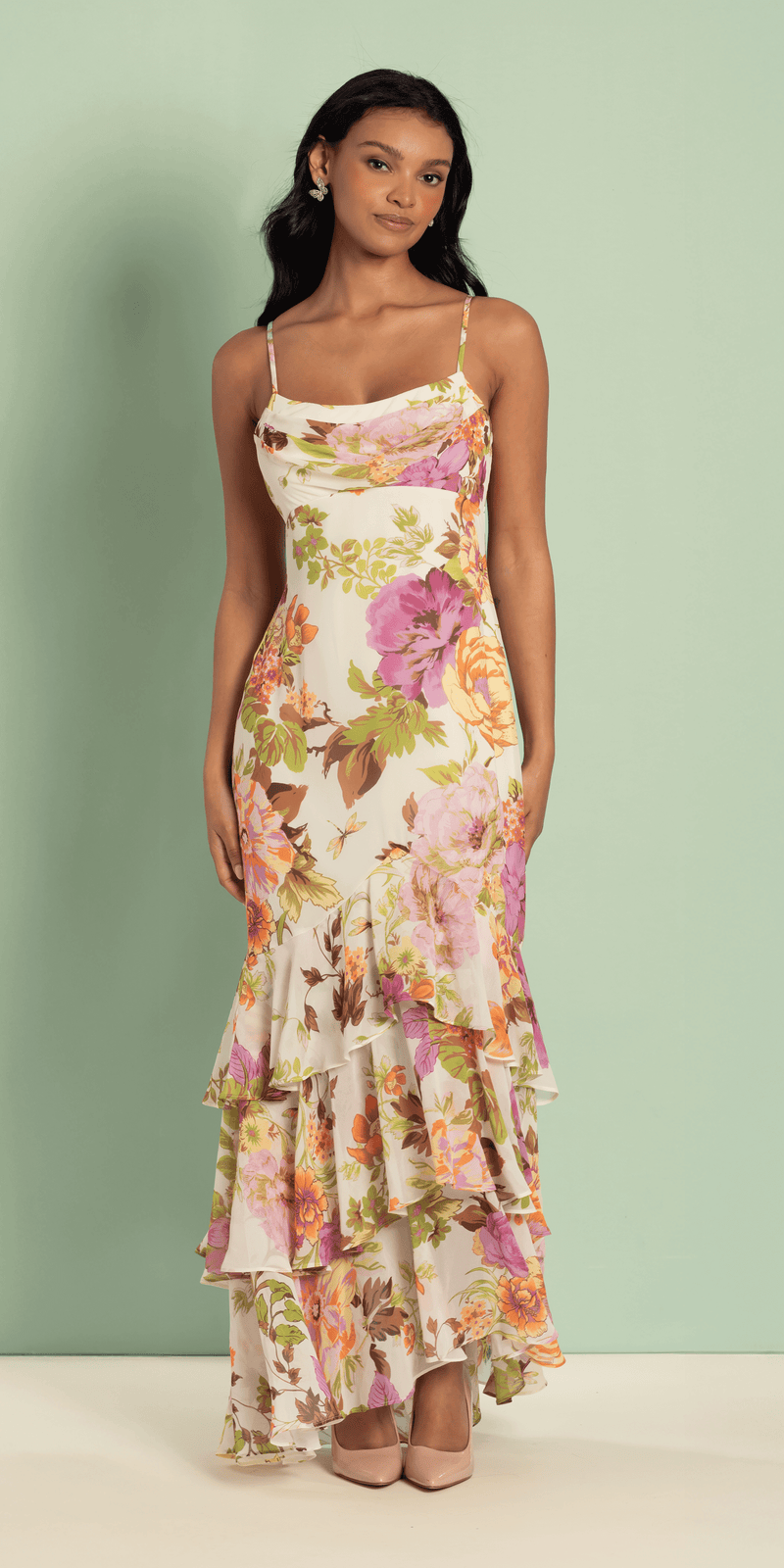 Floral Print Chiffon Drape Front Ruffle High low Dress Camille La Vie Floral Print Chiffon Drape Front Ruffle High low Dress Camille La Vie
