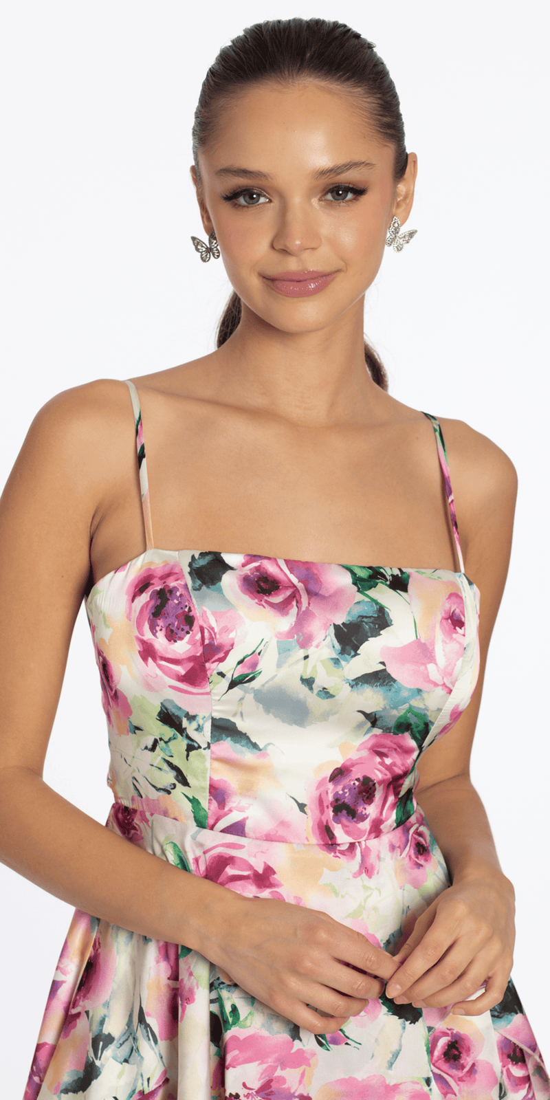 Rose Print Satin Tiered Tie Back Skater Dress Image 2