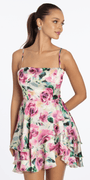 Rose Print Satin Tiered Tie Back Skater Dress Image 3