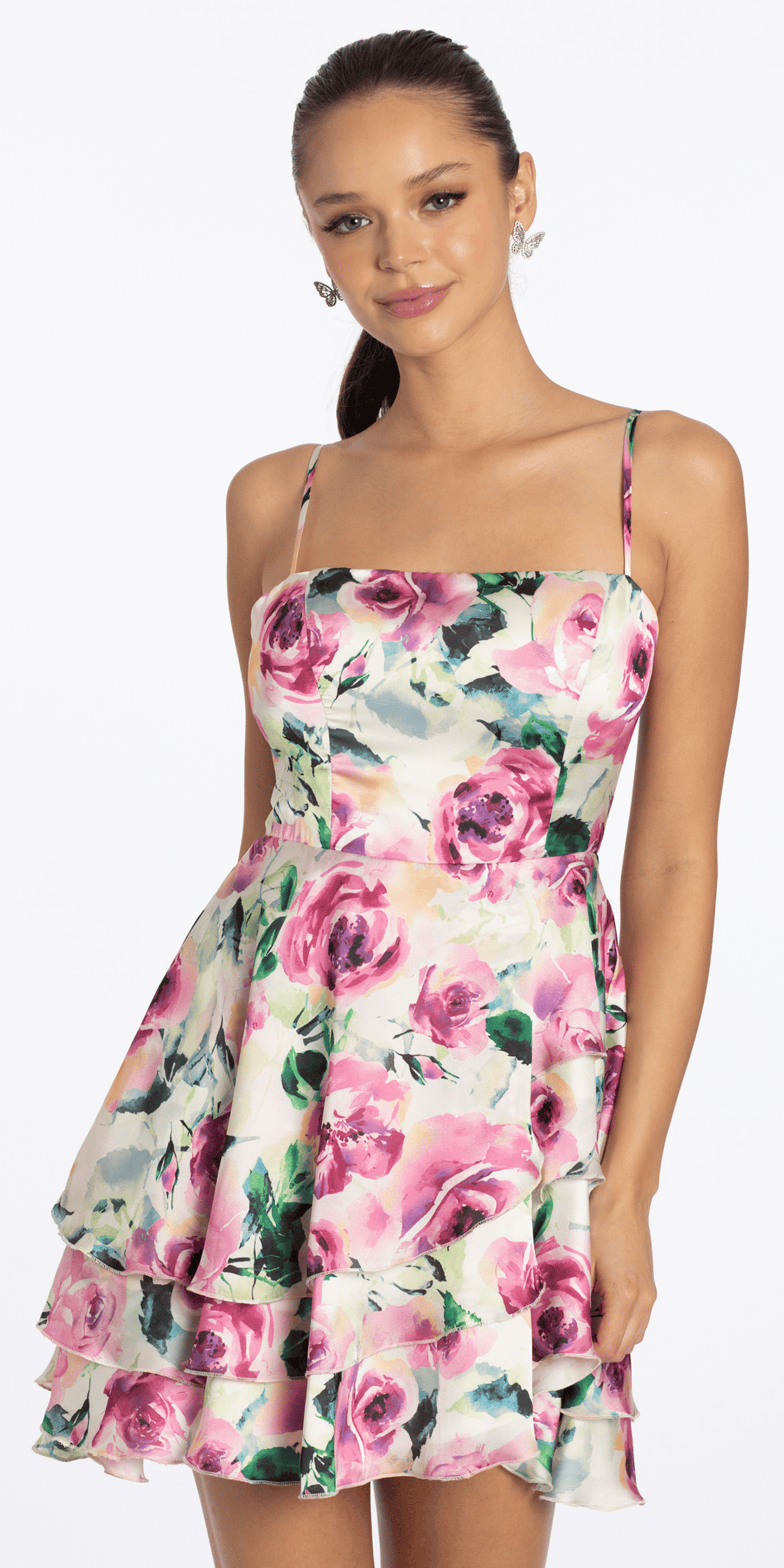 pink-multi/size/XS/missy/Camille La Vie /Rose Print Satin Tiered Tie Back Skater Dress / front alt