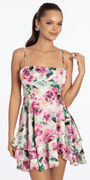 Rose Print Satin Tiered Tie Back Skater Dress Image 1