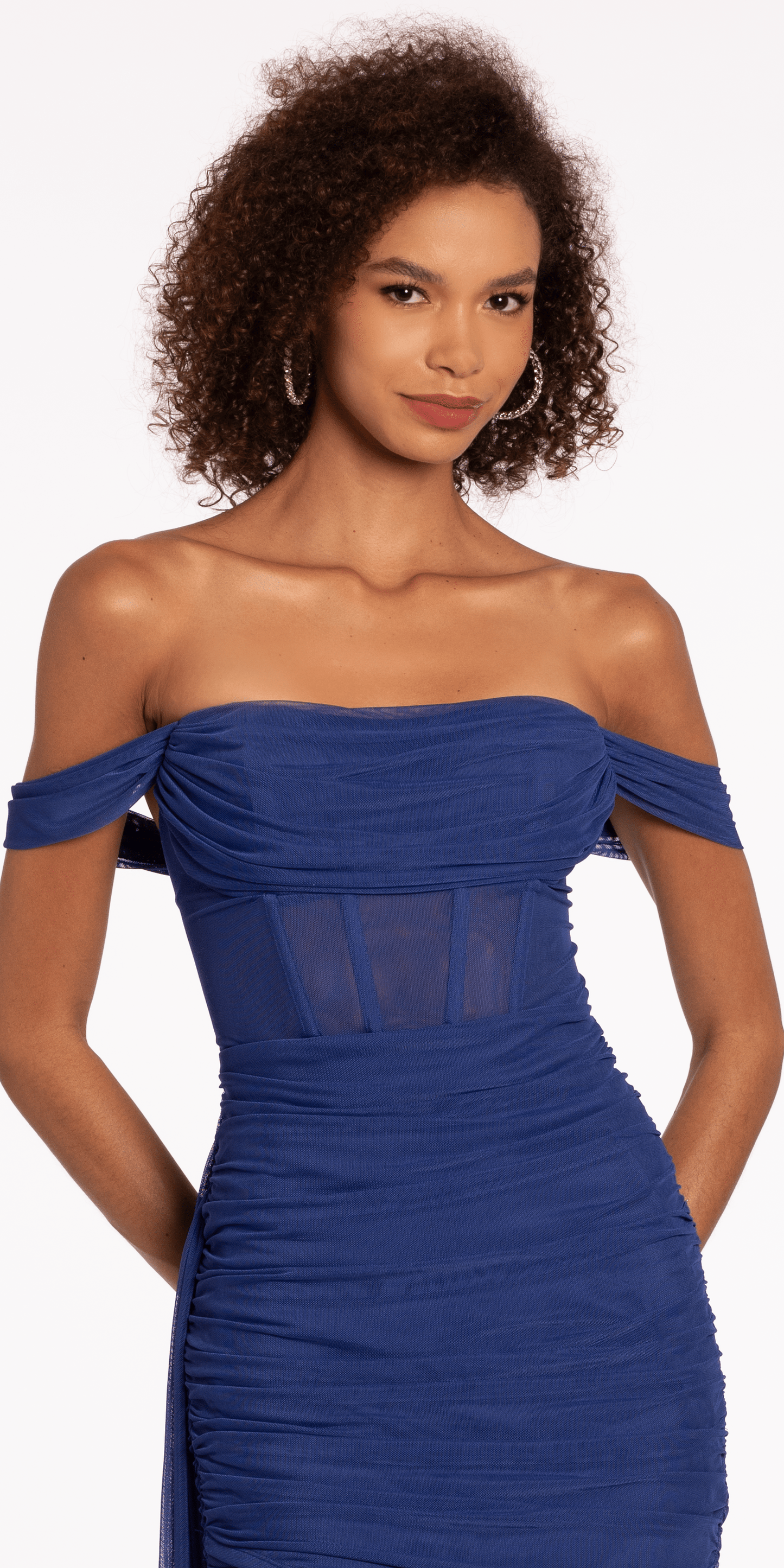 Camille La Vie Mesh Off the Shoulder Corset Bodycon Dress with Side Tendril