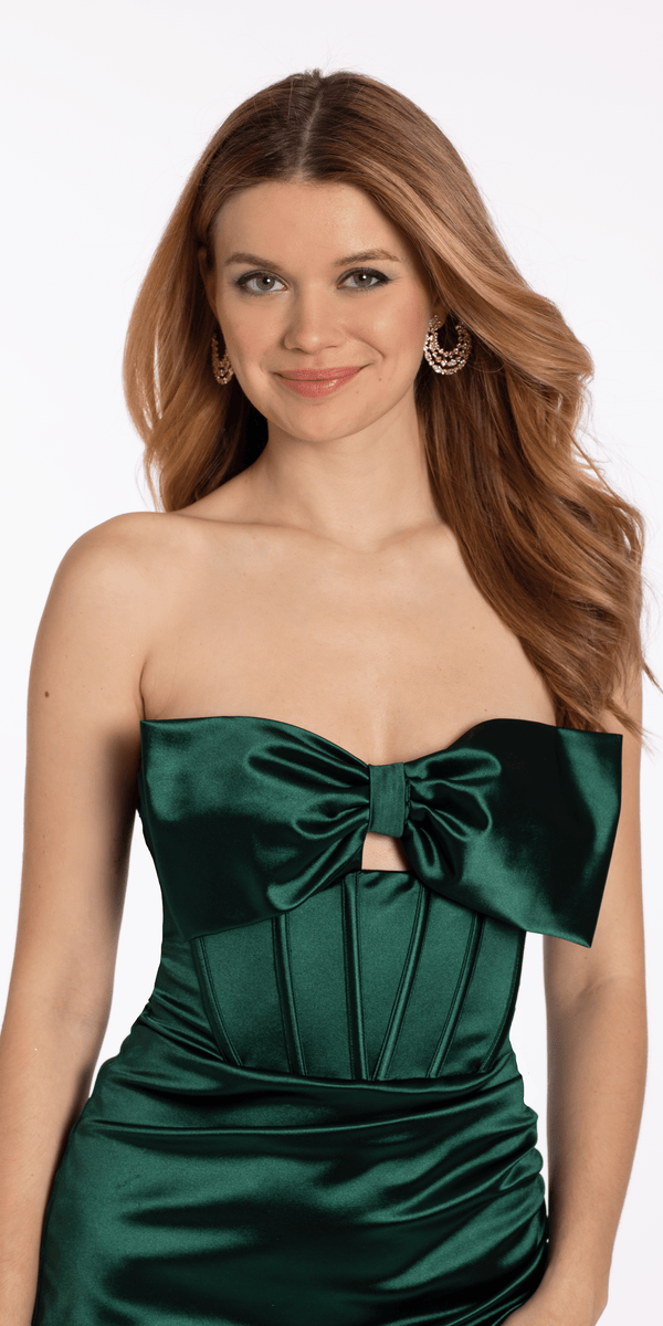 Bow Front Corset Satin Bodycon Dress junior / M / hunter-green Bow Front Corset Satin Bodycon Dress junior / M / hunter-green