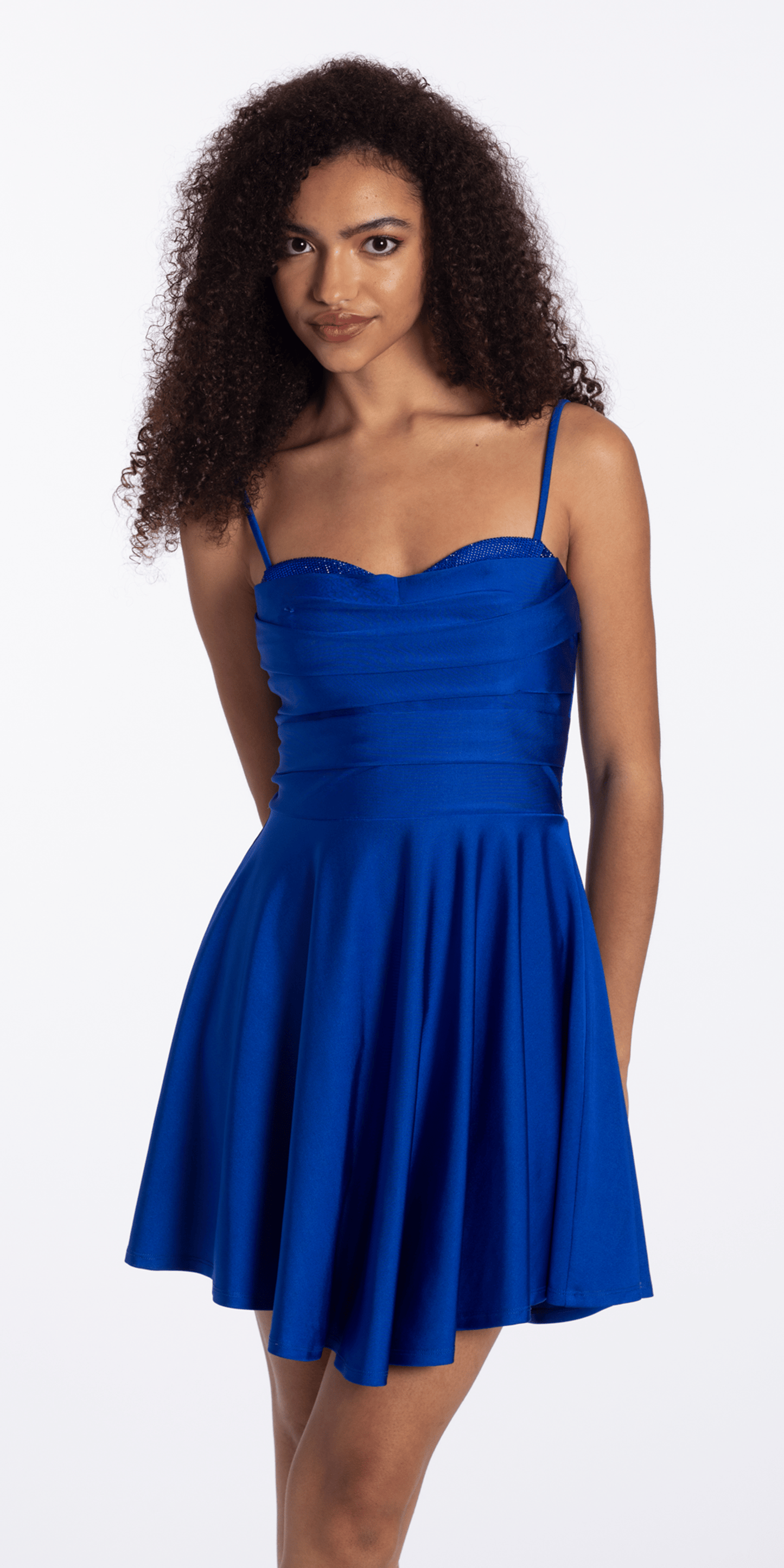 Camille La Vie Stretch Satin Sweetheart Skater Dress with Pleats junior / XS / royal-blue