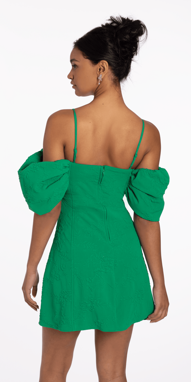 Knit Jacquard Plunge Puff Sleeve Fit and Flare Dress Image 4