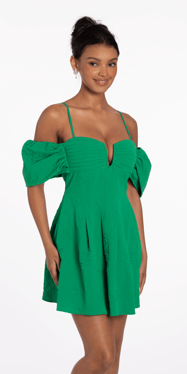 Knit Jacquard Plunge Puff Sleeve Fit and Flare Dress - Camille La Vie