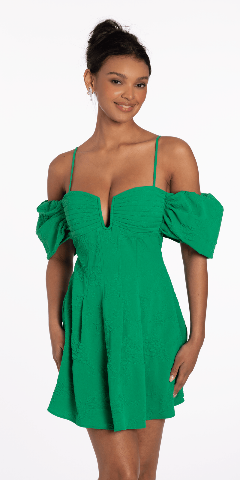 Knit Jacquard Plunge Puff Sleeve Fit and Flare Dress Image 1