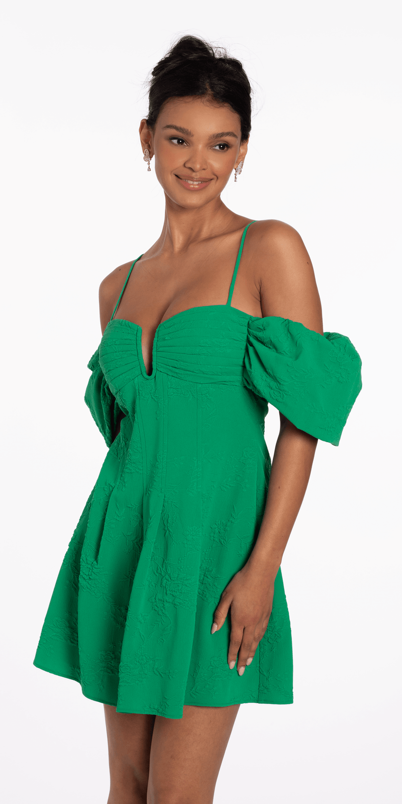 Knit Jacquard Plunge Puff Sleeve Fit and Flare Dress Image 3