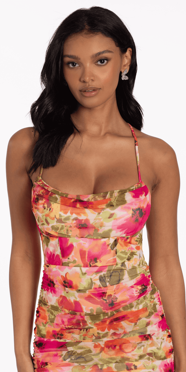Mesh Floral Ruched X Back Bodycon Dress Image 2