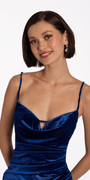 Iridescent Cowl Neck Velvet Lace Up Back Bodycon Dress Image 2