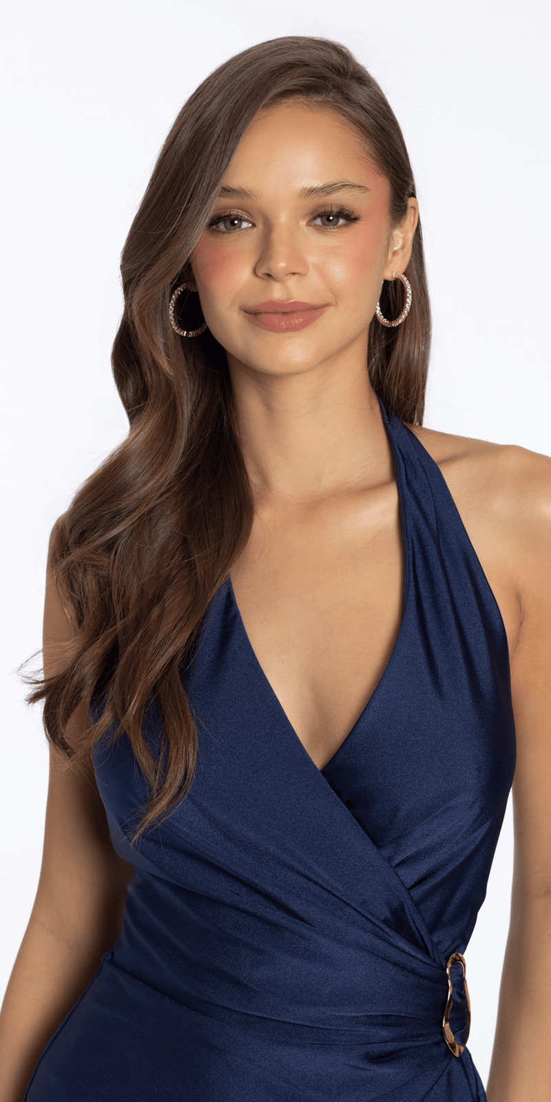 satin halterneck wrap bodycon dress Satin Halter Drape Bodycon Dress with Metal Accent