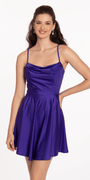 Drape Neck Satin Skater Dress with Sheer Back Panels Image 3