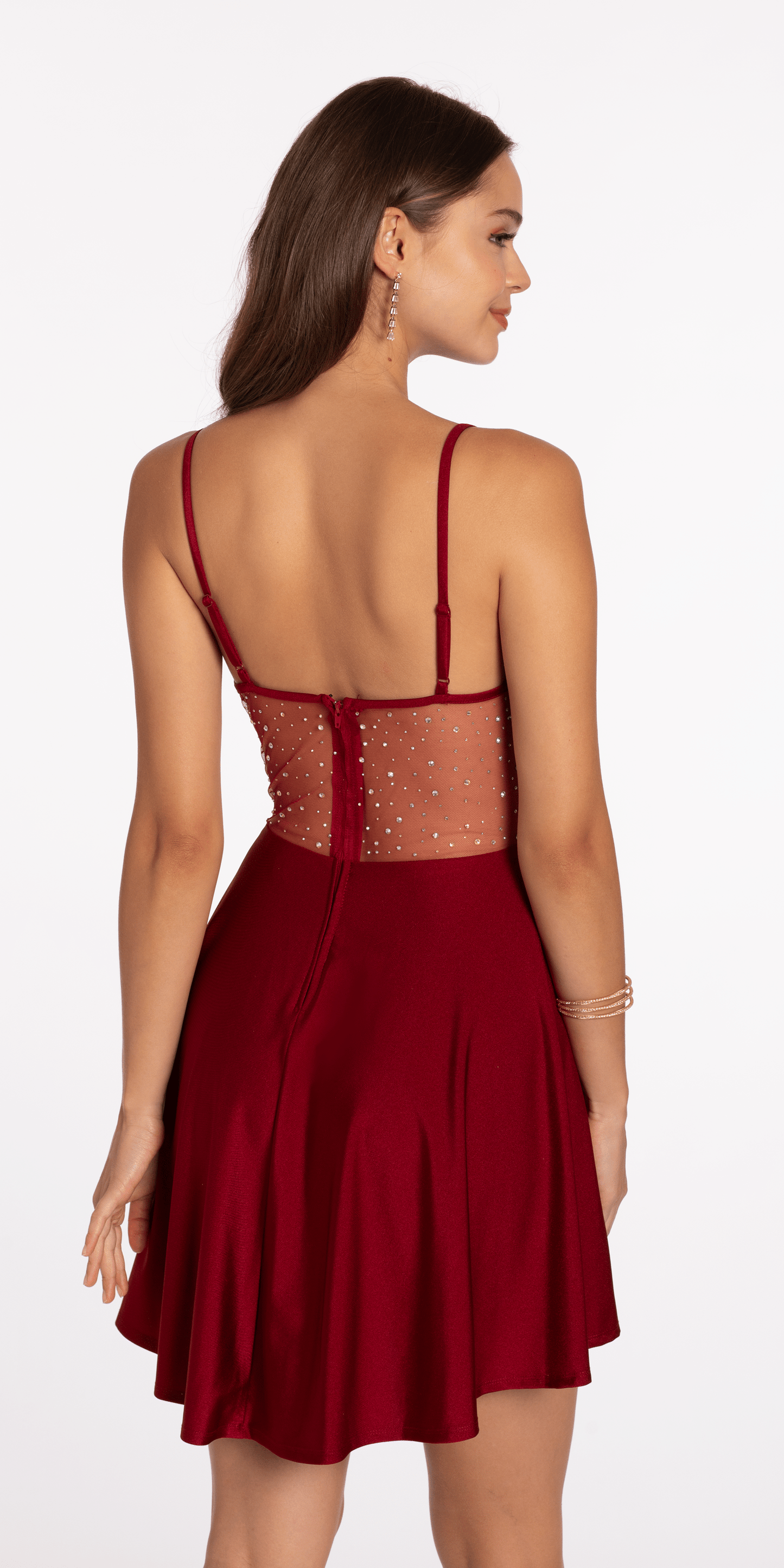 Camille La Vie Drape Neck Satin Skater Dress with Sheer Back Panels
