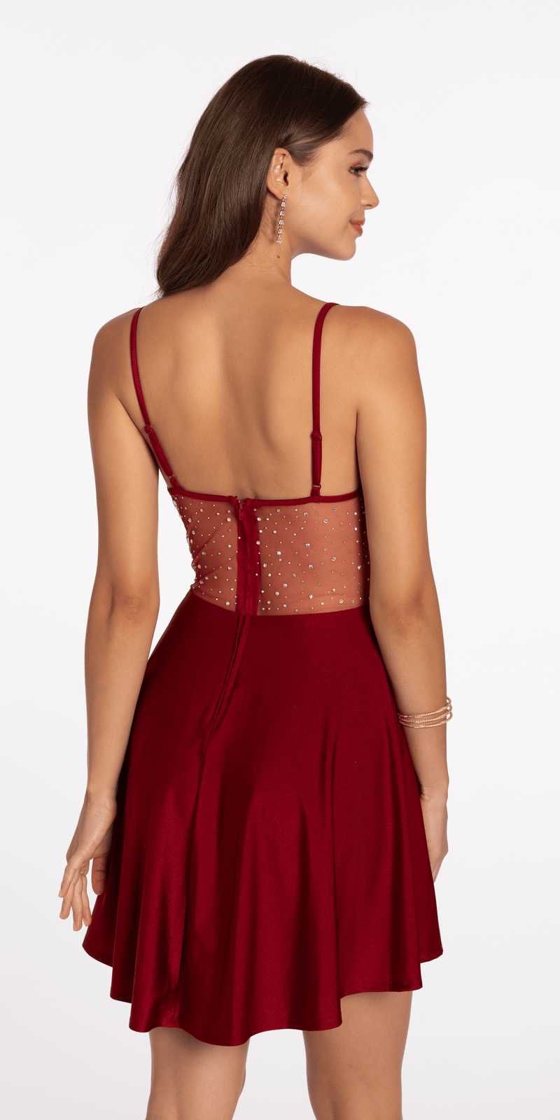 Drape Neck Satin Skater Dress with Sheer Back Panels Image 5