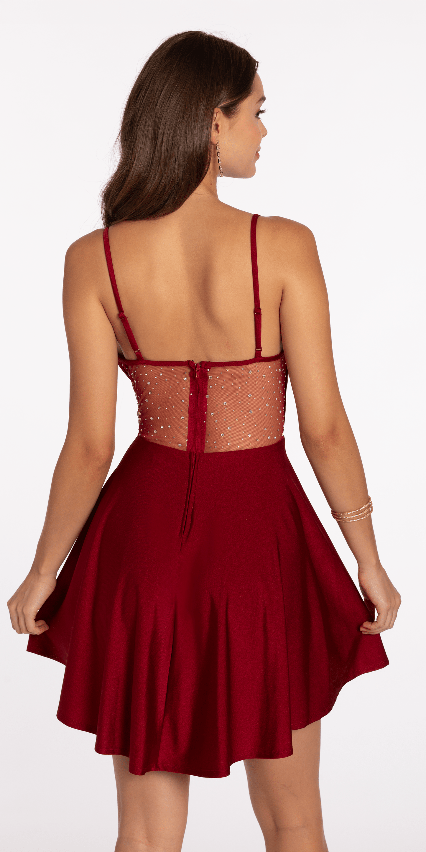 Camille La Vie Drape Neck Satin Skater Dress with Sheer Back Panels