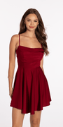 Drape Neck Satin Skater Dress with Sheer Back Panels Image 3