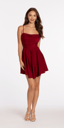 Drape Neck Satin Skater Dress with Sheer Back Panels Image 1