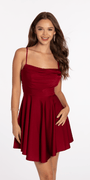 Drape Neck Satin Skater Dress with Sheer Back Panels Image 2
