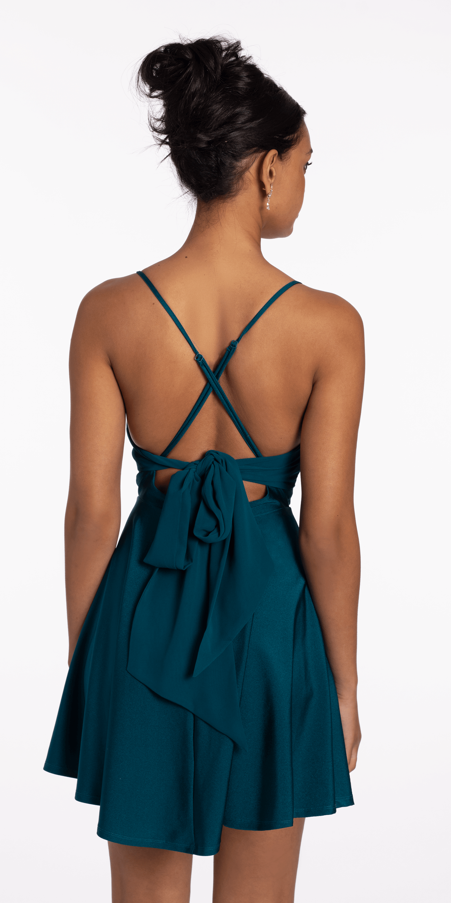 Camille La Vie/Satin Drape Tie Back Skater Dress/missy/size/4/teal/back