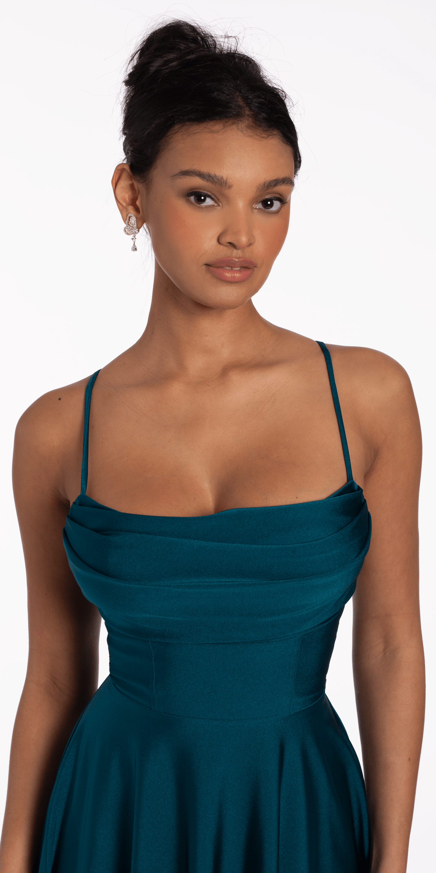 Camille La Vie/Satin Drape Tie Back Skater Dress/missy/size/4/teal/close up
