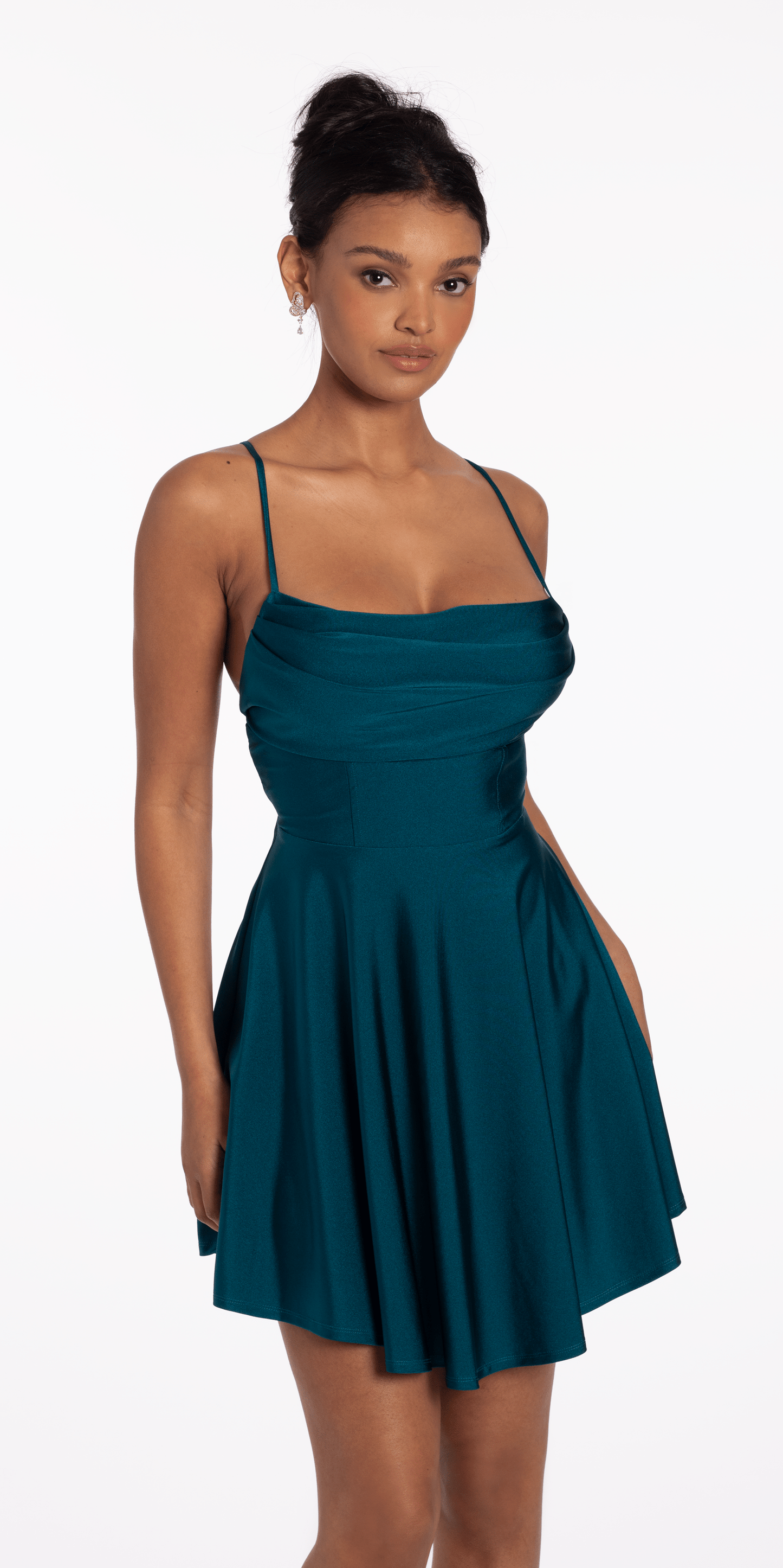 Camille La Vie/Satin Drape Tie Back Skater Dress/missy/size/4/teal/front