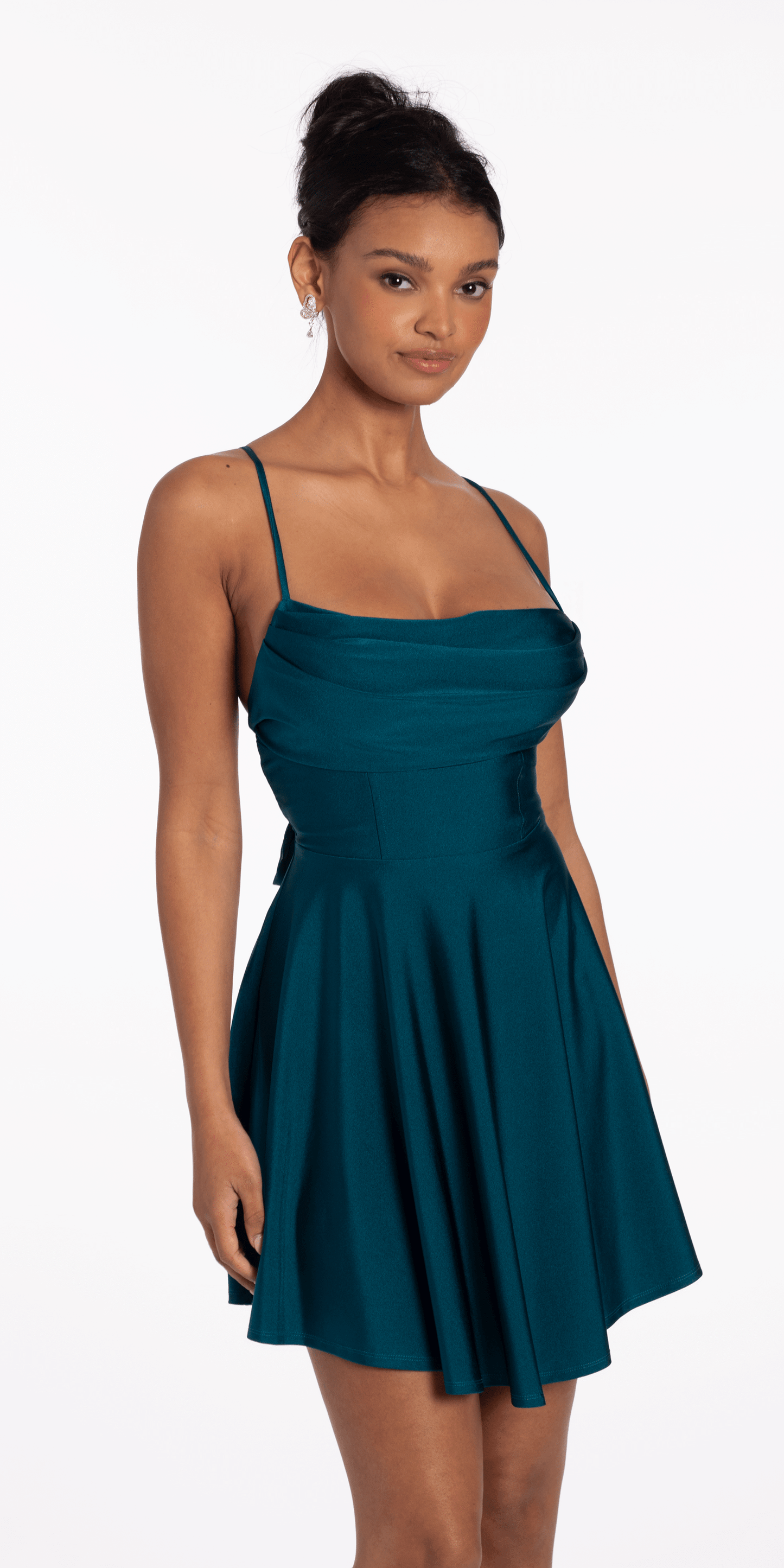 Camille La Vie/Satin Drape Tie Back Skater Dress/missy/size/4/teal/front alt