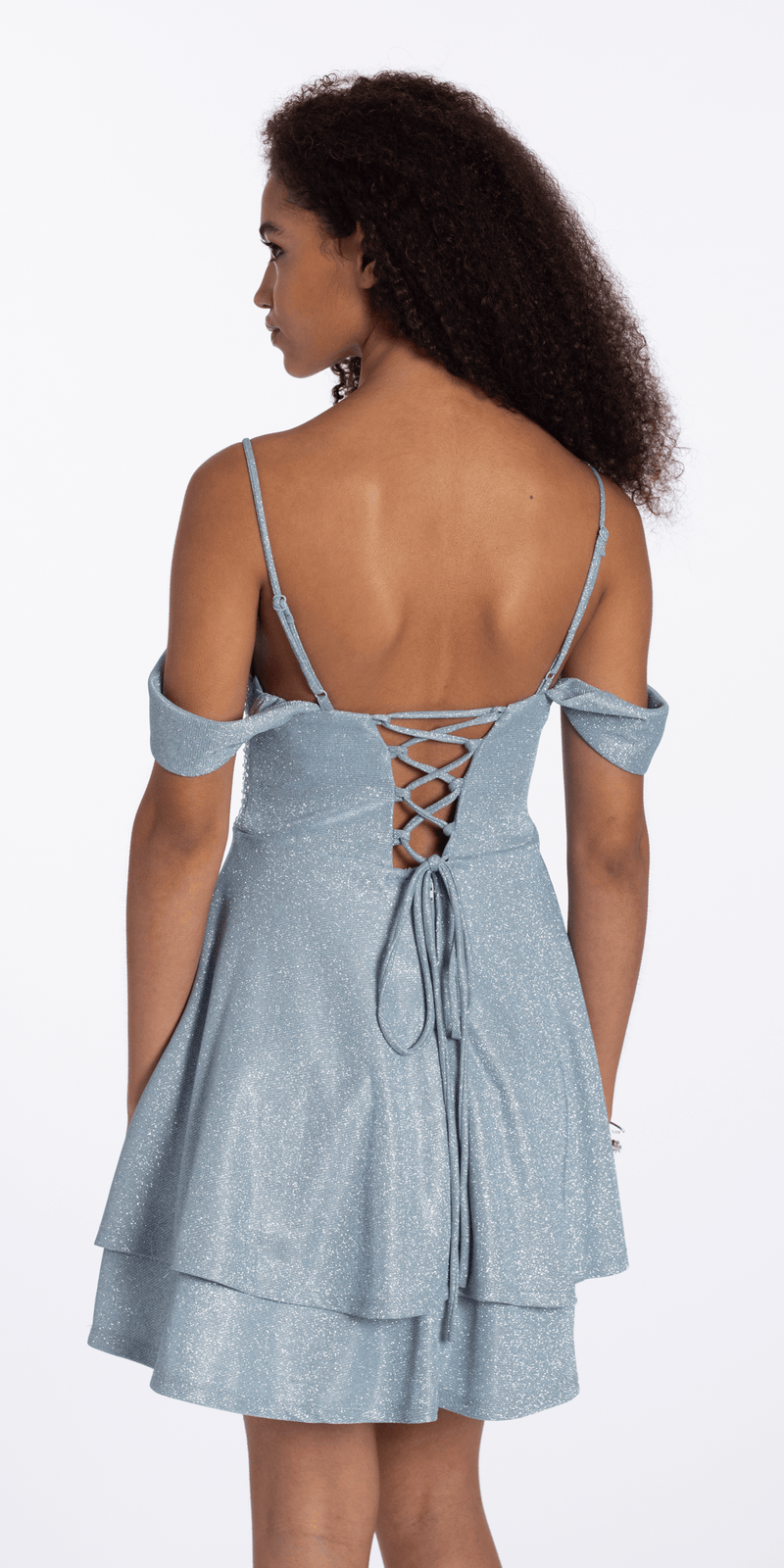 sky-blue/size/4/Camille La Vie/ Shimmer Off the Shoulder Embellished Corset Fit and Flare Dress/back