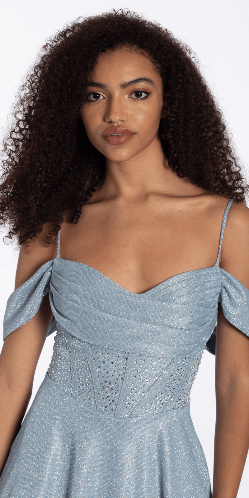 sky-blue/size/4/Camille La Vie/ Shimmer Off the Shoulder Embellished Corset Fit and Flare Dress/close up 2