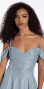 sky-blue/size/4/Camille La Vie/ Shimmer Off the Shoulder Embellished Corset Fit and Flare Dress/close up 2