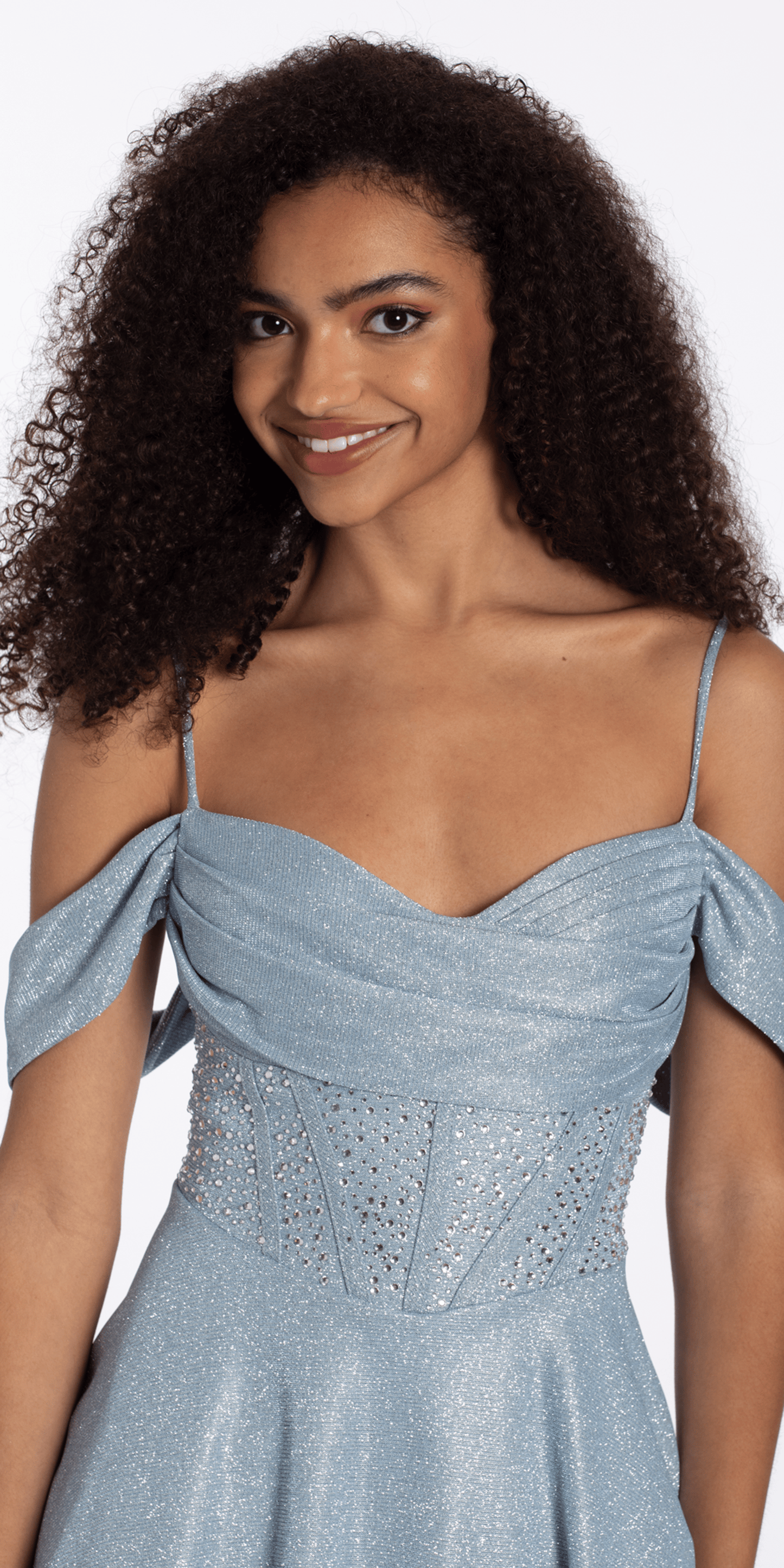 sky-blue/size/4/missy/Camille La Vie/Shimmer Off the Shoulder Embellished Corset Fit and Flare Dress/close up