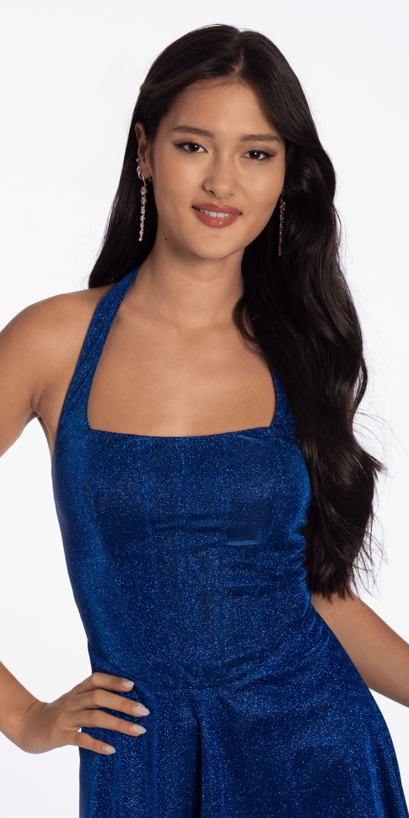royal-blue/size/4/missy/Camille La Vie/Glitter Knit Embellished Corset Back Halter Skater Dress/crop