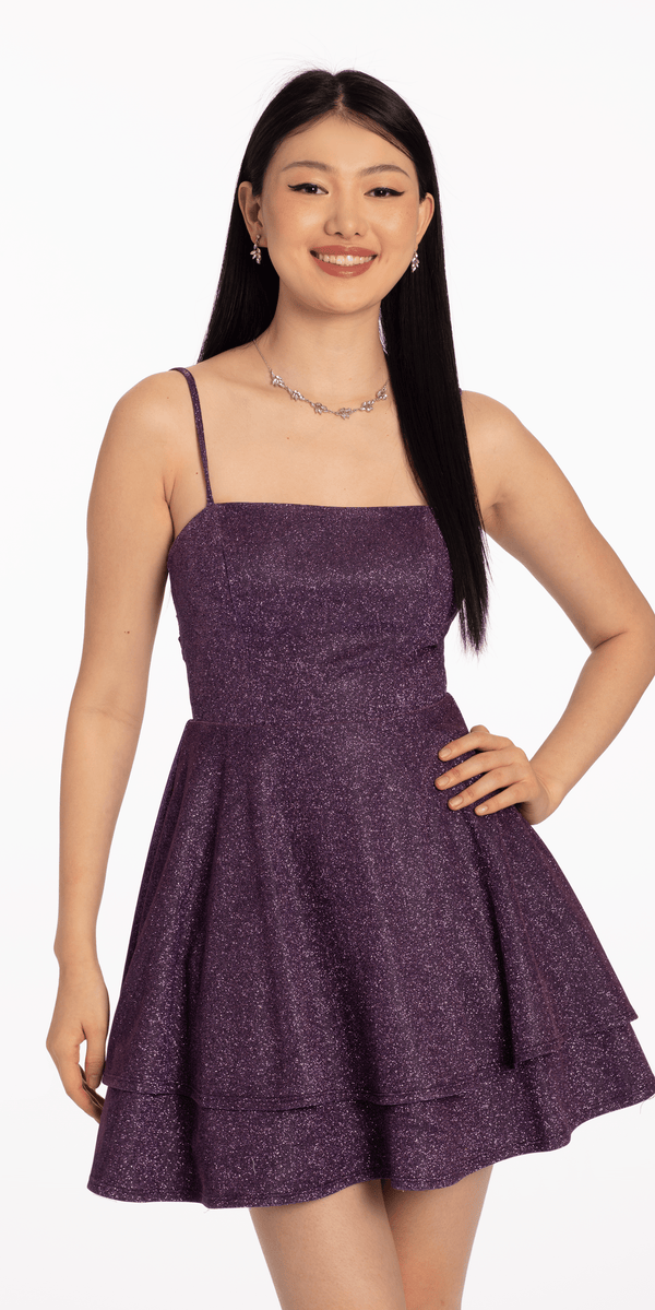 Metallic Knit Tiered Fit and Flare Dress with Lace Back Panel Image 1