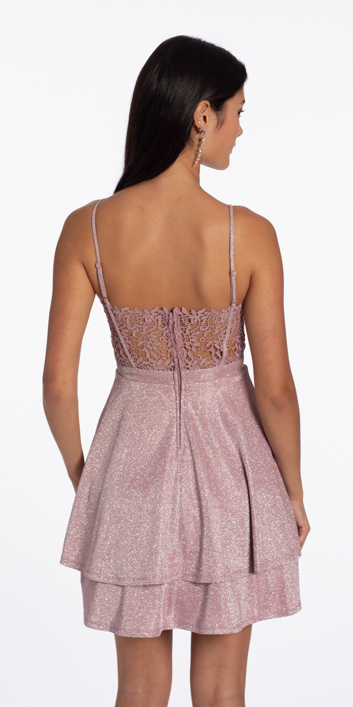 pink/size/4/missy/Camille La Vie/Open Embroidered Back Glitter Knit Tiered Fit and Flare Dress/back