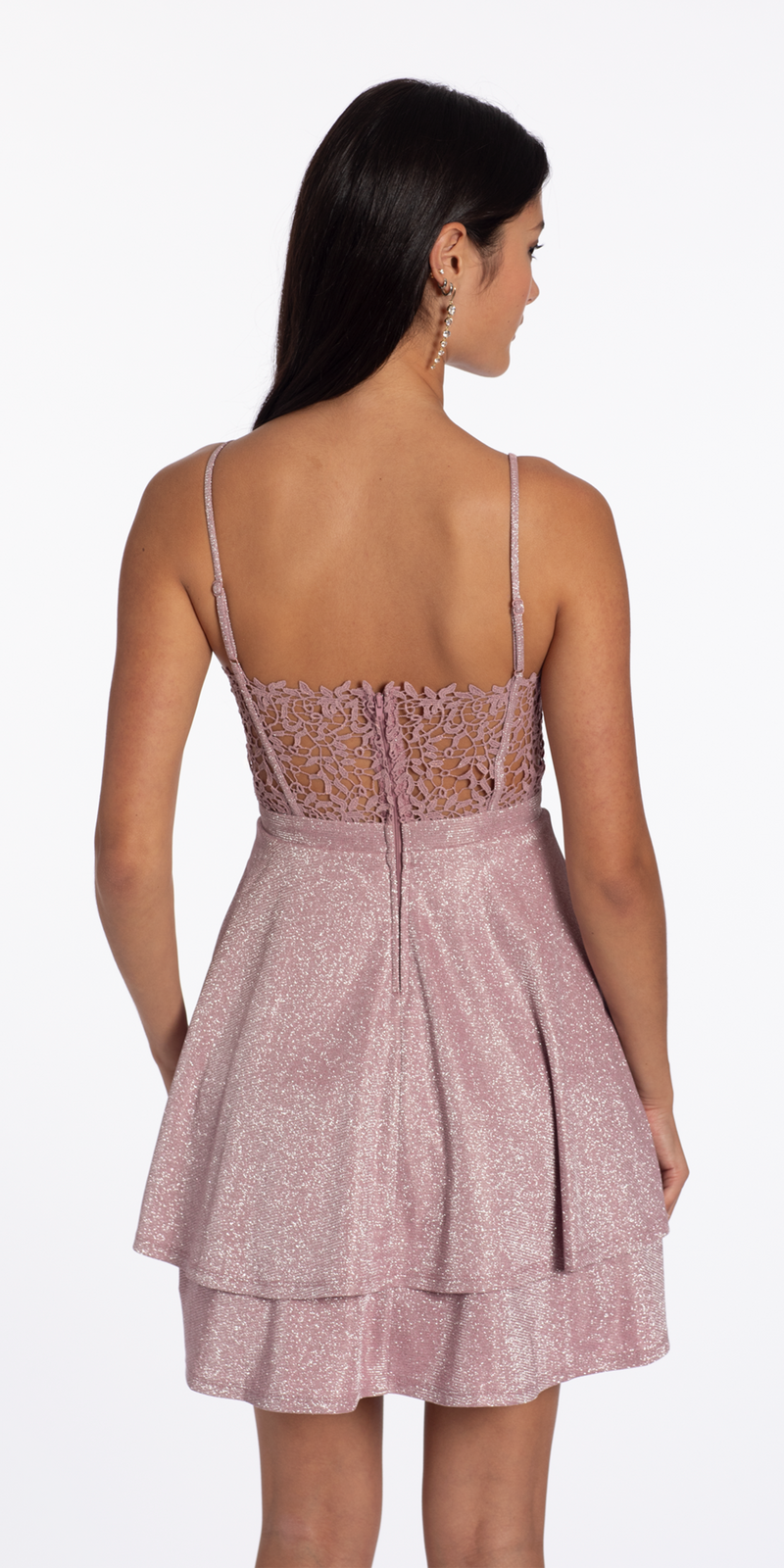 pink/size/4/missy/Camille La Vie/Open Embroidered Back Glitter Knit Tiered Fit and Flare Dress/back