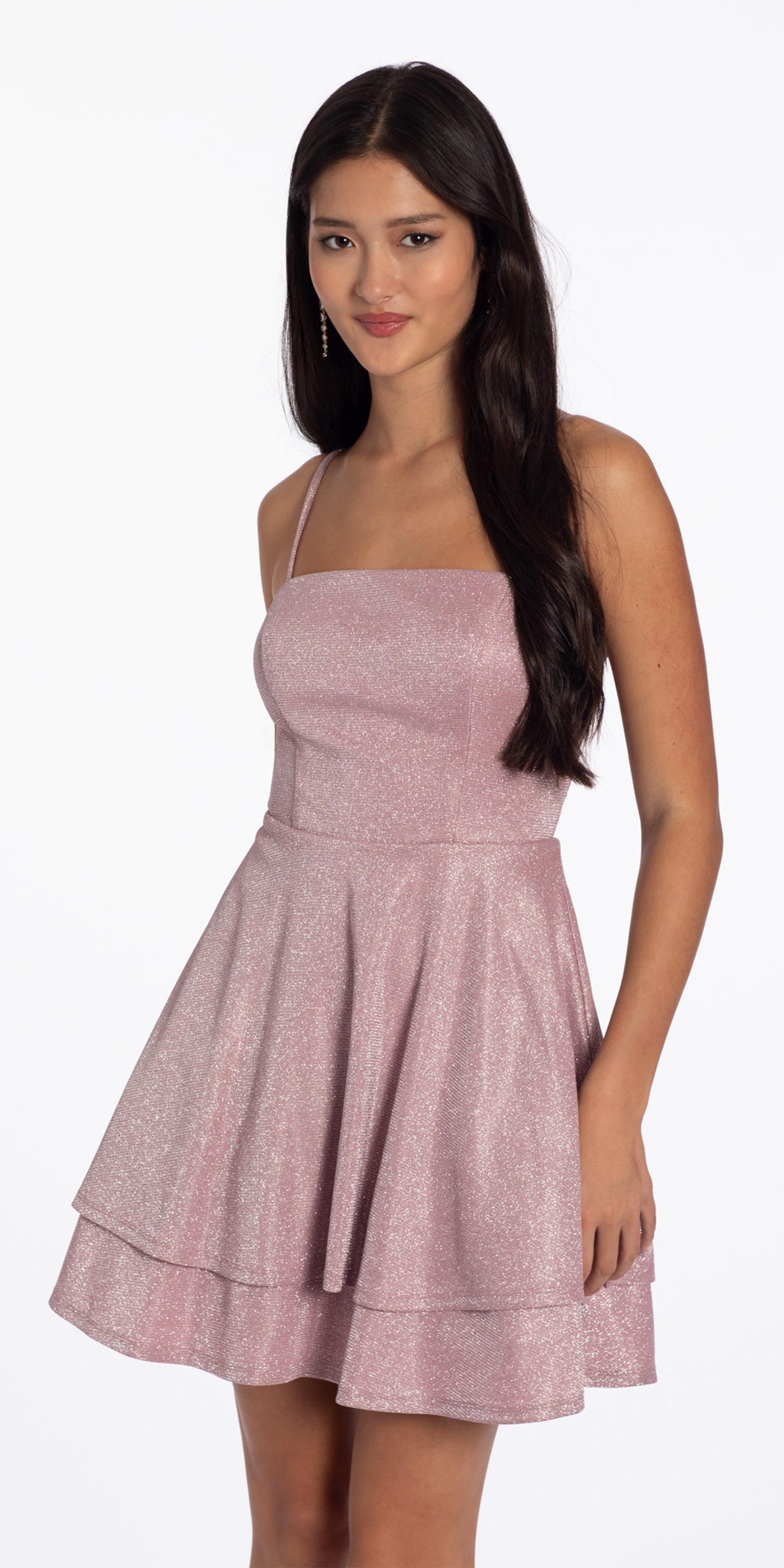 pink/size/4/missy/Camille La Vie/Open Embroidered Back Glitter Knit Tiered Fit and Flare Dress/front