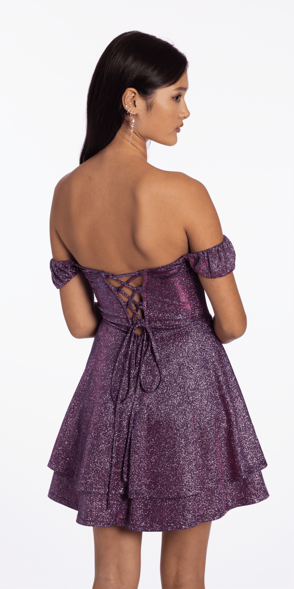 Camille La Vie Glitter Metallic Off the Shoulder Tiered Fit and Flare Dress