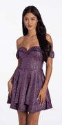 Camille La Vie Glitter Metallic Off the Shoulder Tiered Fit and Flare Dress junior / 4 / grape