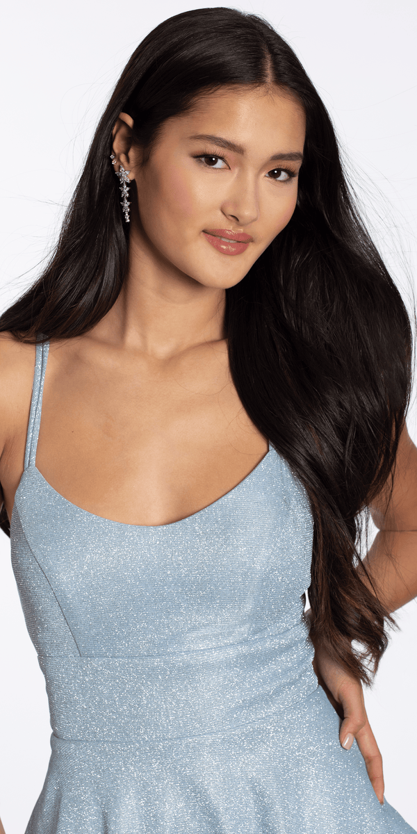 light-blue/ size/4/missy/Camille La Vie/Double X Back Shimmer Two Tier Fit and Flare Dress /close up