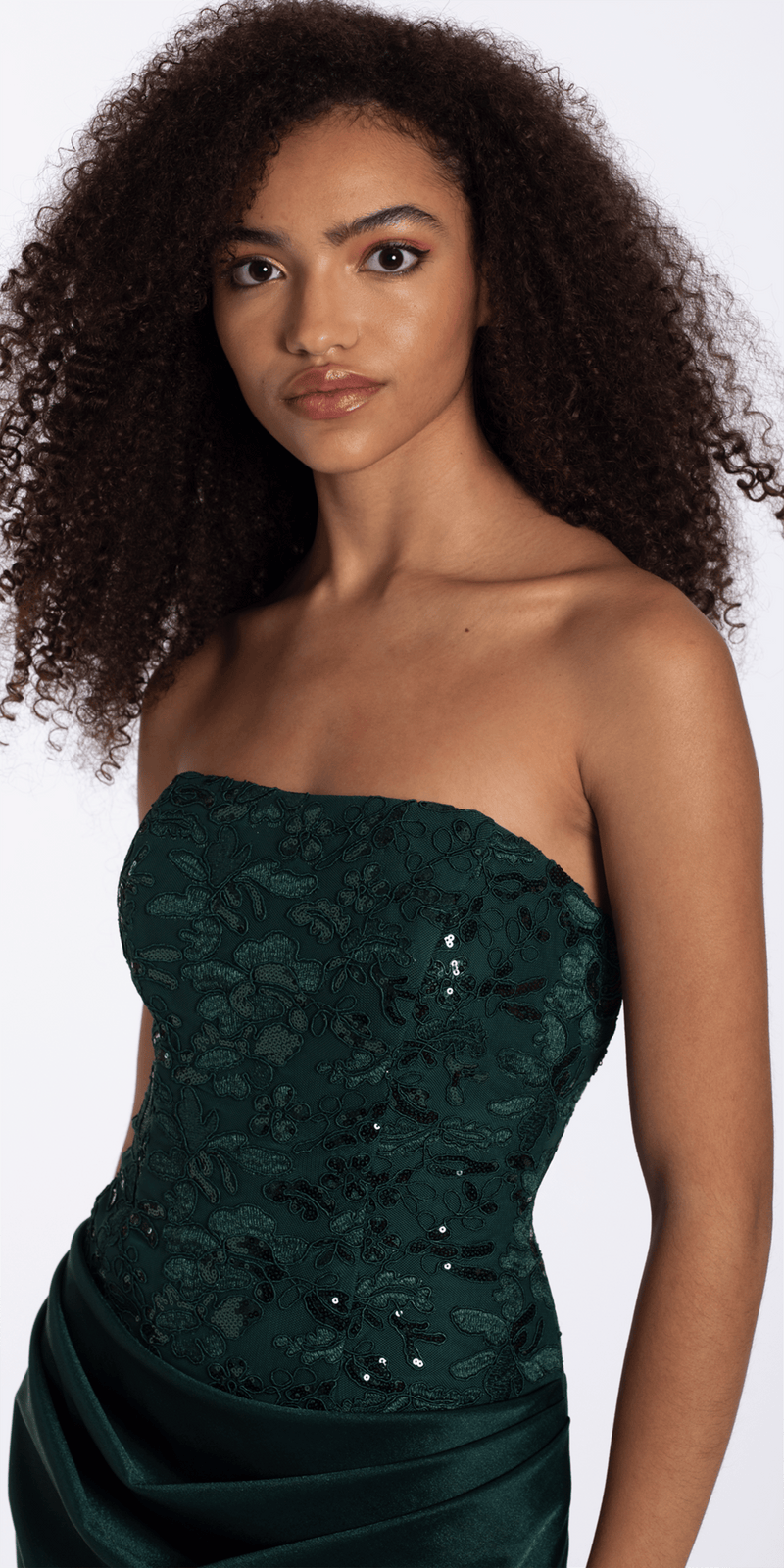 Strapless Embroidered Shimmer Bodycon Dress with Ruching missy / XL / hunter-green