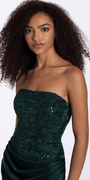 hunter-green/size/S/missy/Camille La Vie/Strapless Embroidered Shimmer Bodycon Dress with Ruching/close up