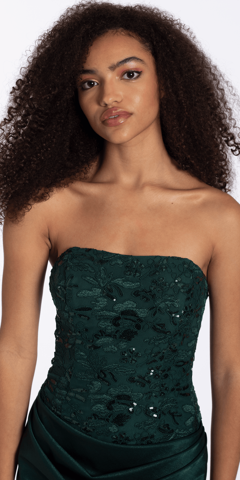 hunter-green/size/S/missy/Camille La Vie/Strapless Embroidered Shimmer Bodycon Dress with Ruching/close up 2