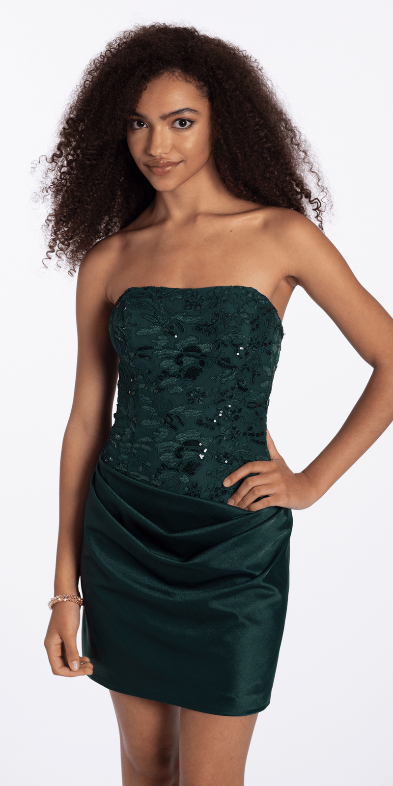 Strapless Embroidered Shimmer Bodycon Dress with Ruching missy / XL / hunter-green