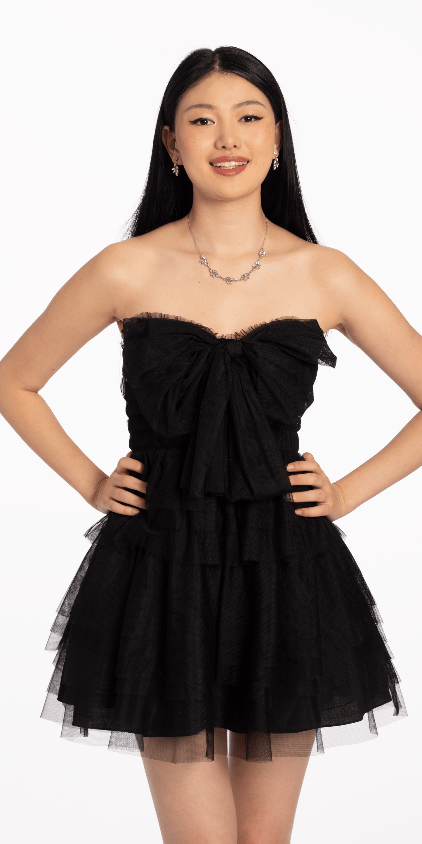 Camille La Vie Mesh Bow Front Tiered  Fit and Flare Dress missy / 4 / black