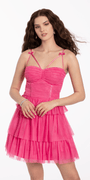 Mock Corset Mesh Tiered Fit and Flare Dress Image 1