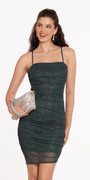 Glitter Mesh Pleated Asymmetrical Hem Bodycon Dress Image 1