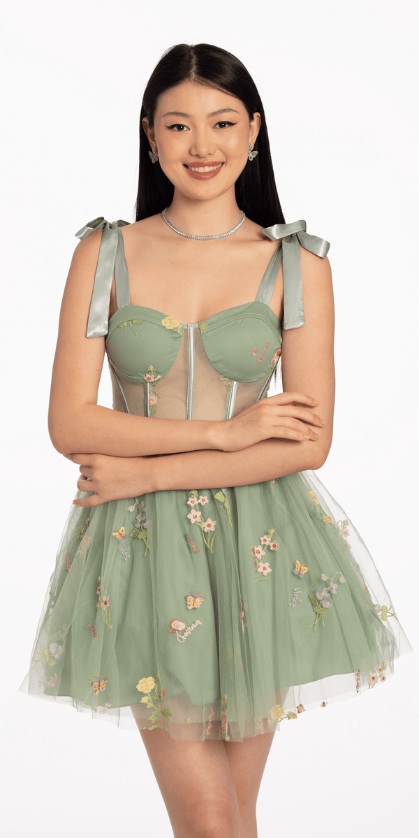 Mesh Floral Embroidered Corset Fit and Flare Dress Image 2